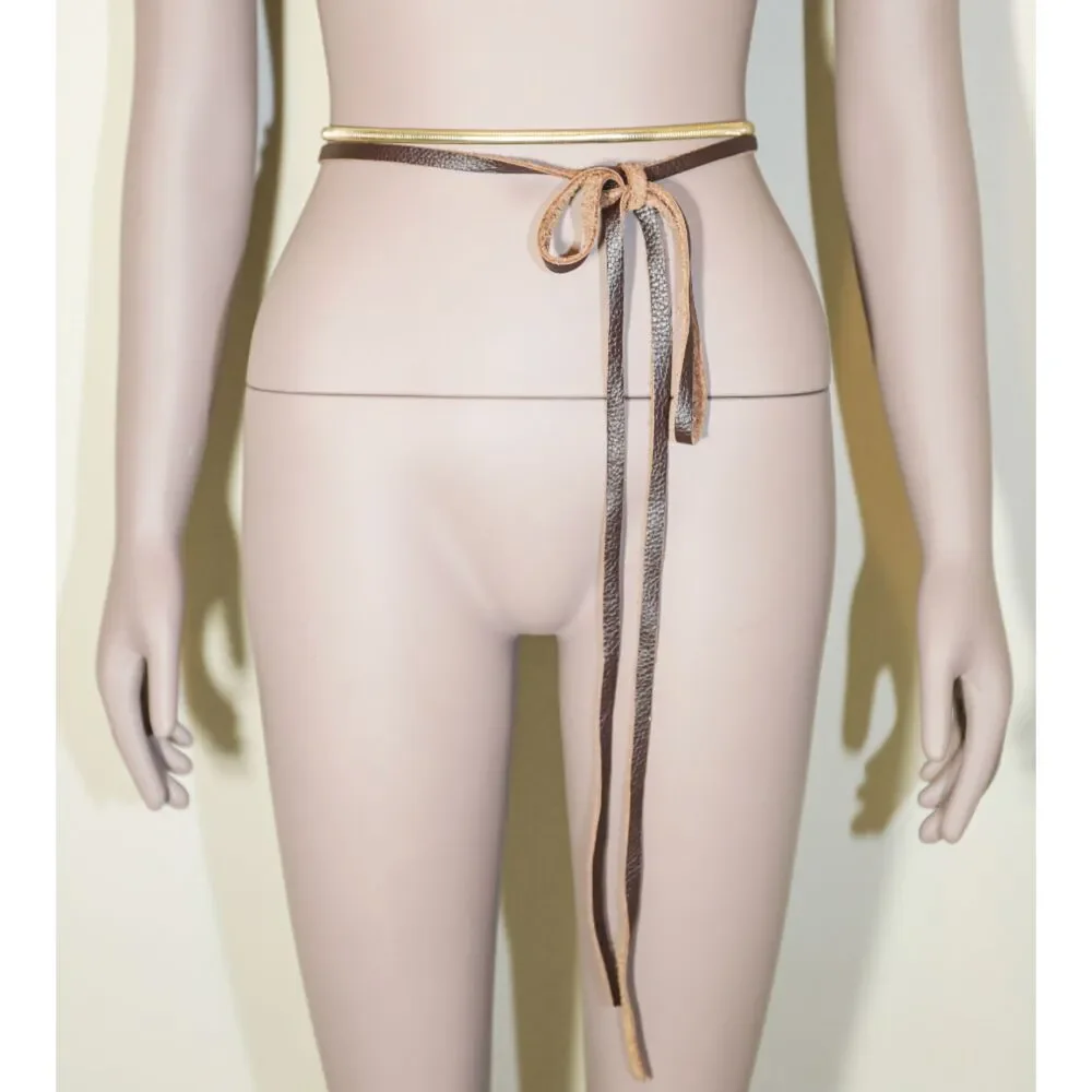 Leather Gold Snake Chain Belt One Size Wrap Tie Waist Belt